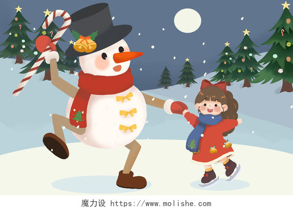 可爱女孩和雪人跳舞圣诞节背景海报素材